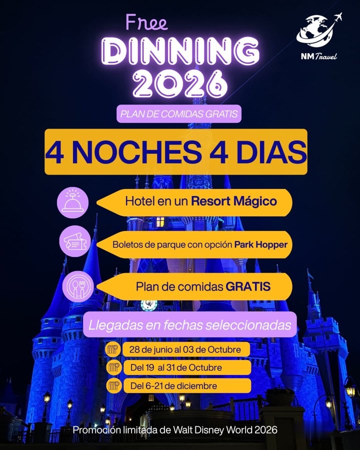 Volante de Free Dining Disney 2026: 4 noches en Walt Disney World con plan de comidas gratis